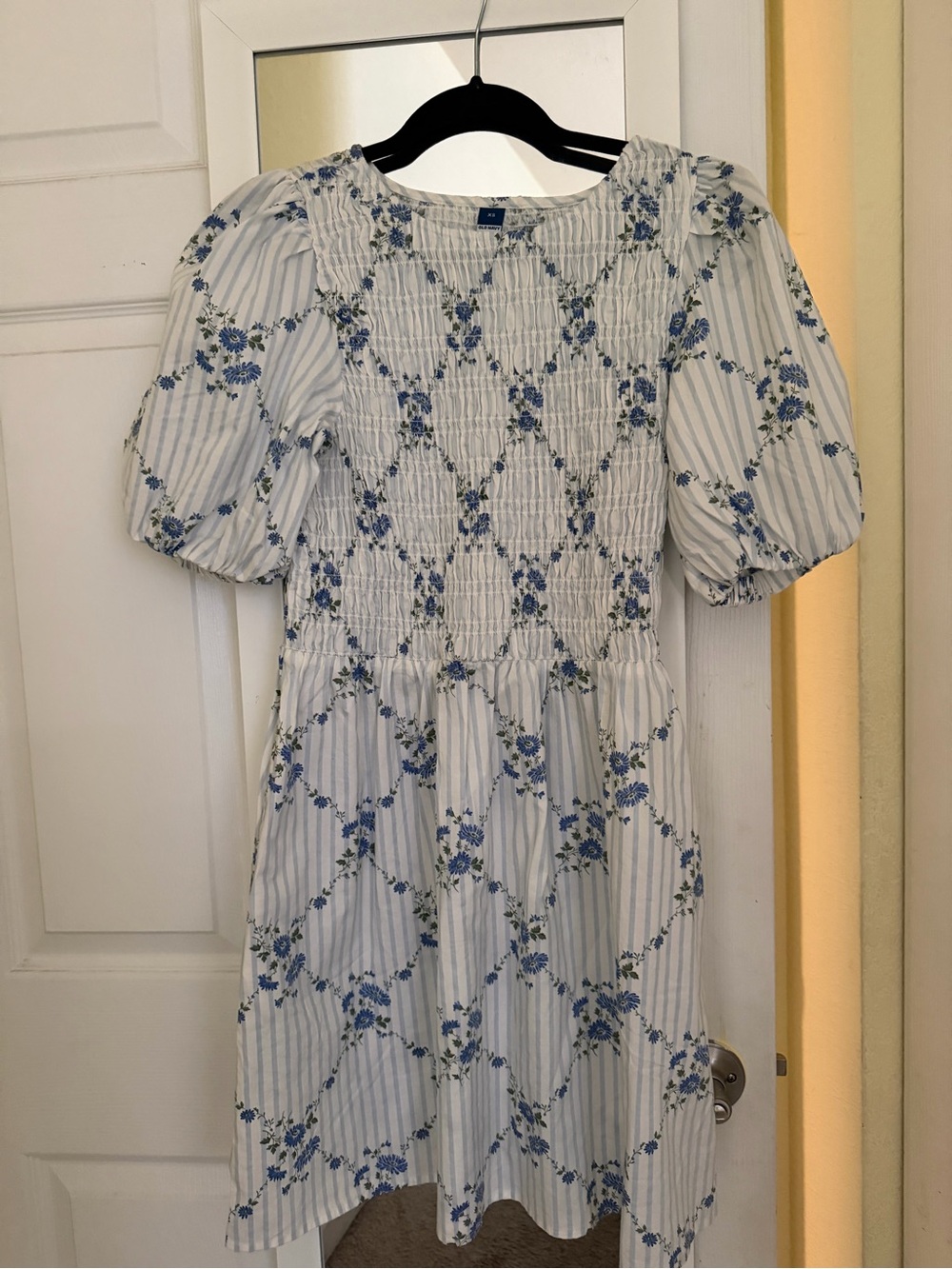 Women's ' Blue Floral Shirred Puff Sleeve Dress